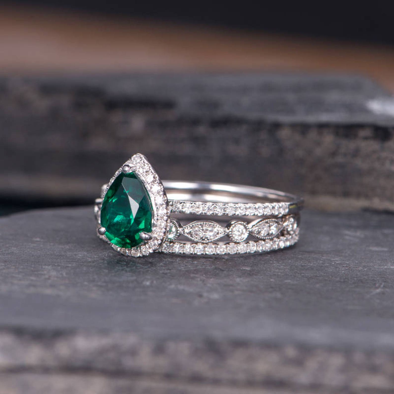 White Gold Lab Emerald Engagement Ring Set Bridal Sets Pear | Etsy