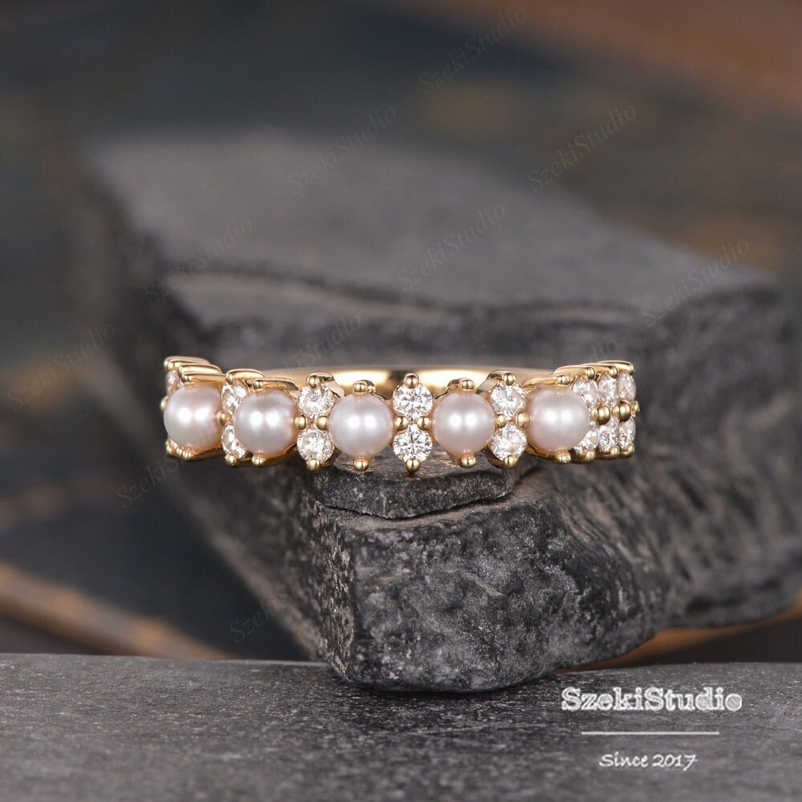 3mm Pearl Diamond Wedding Band Rose Gold Matching Band Art Deco 3mm Pearl Diamond Wedding Band Rose Gold Matching Band Art Deco