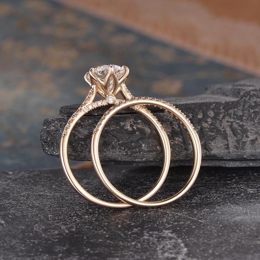 1.5CT Round Lab Grown Diamond Ring Set Solid Yellow Gold Tulip