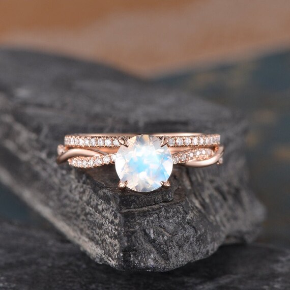 Moonstone Bridal Set Rose Gold Moonstone Engagement Ring Set Twist