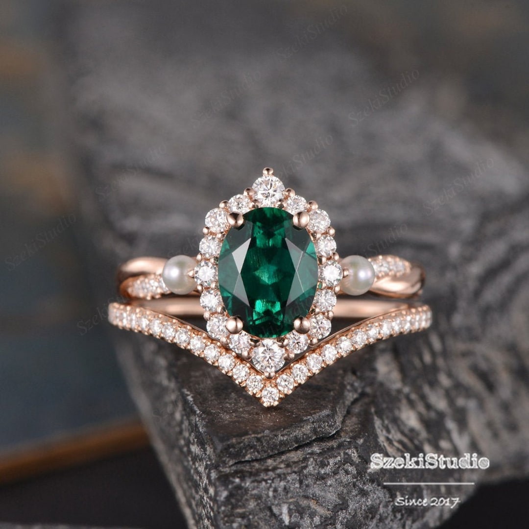 Pearl Emerald Bridal Set Rose Gold Engagement Ring Set Women - Etsy