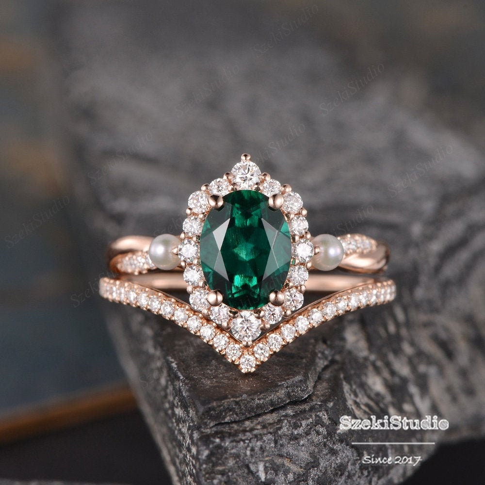 Pearl Emerald Bridal Set Rose Gold Engagement Ring Set Women | Etsy