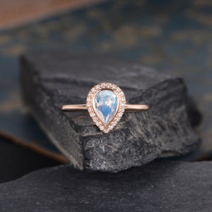Moonstone Engagement Ring Rose Gold Pear Shaped Ring Bridal Diamond Halo Women Antique Ring Anniversary Gift Bezel Set Eternity Tear image 3