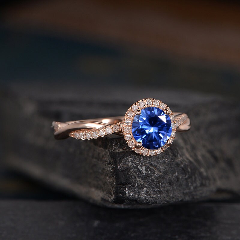 Infinity Lab Sapphire Engagement Ring Rose Gold Diamond Halo - Etsy