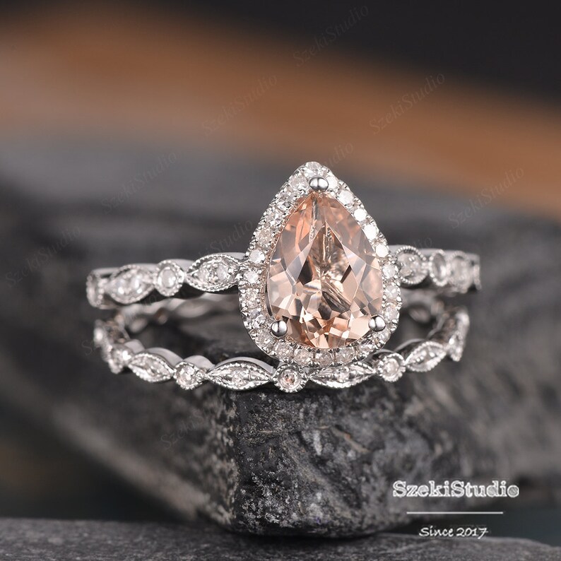 Art Deco Pear Shaped Engagement Ring Set Morganite Bridal Set | Etsy