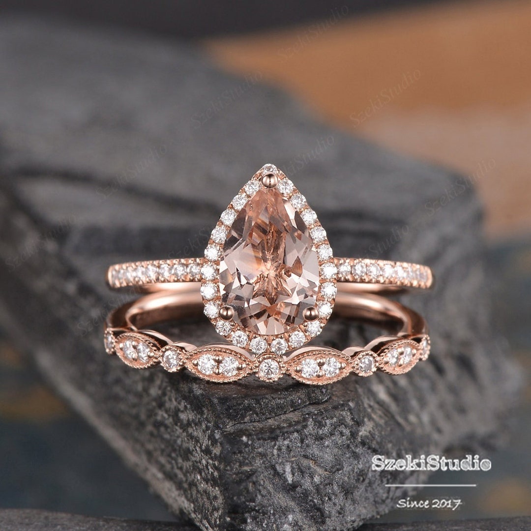 Art Deco Pear Shaped Engagement Ring Set Morganite Bridal Set - Etsy