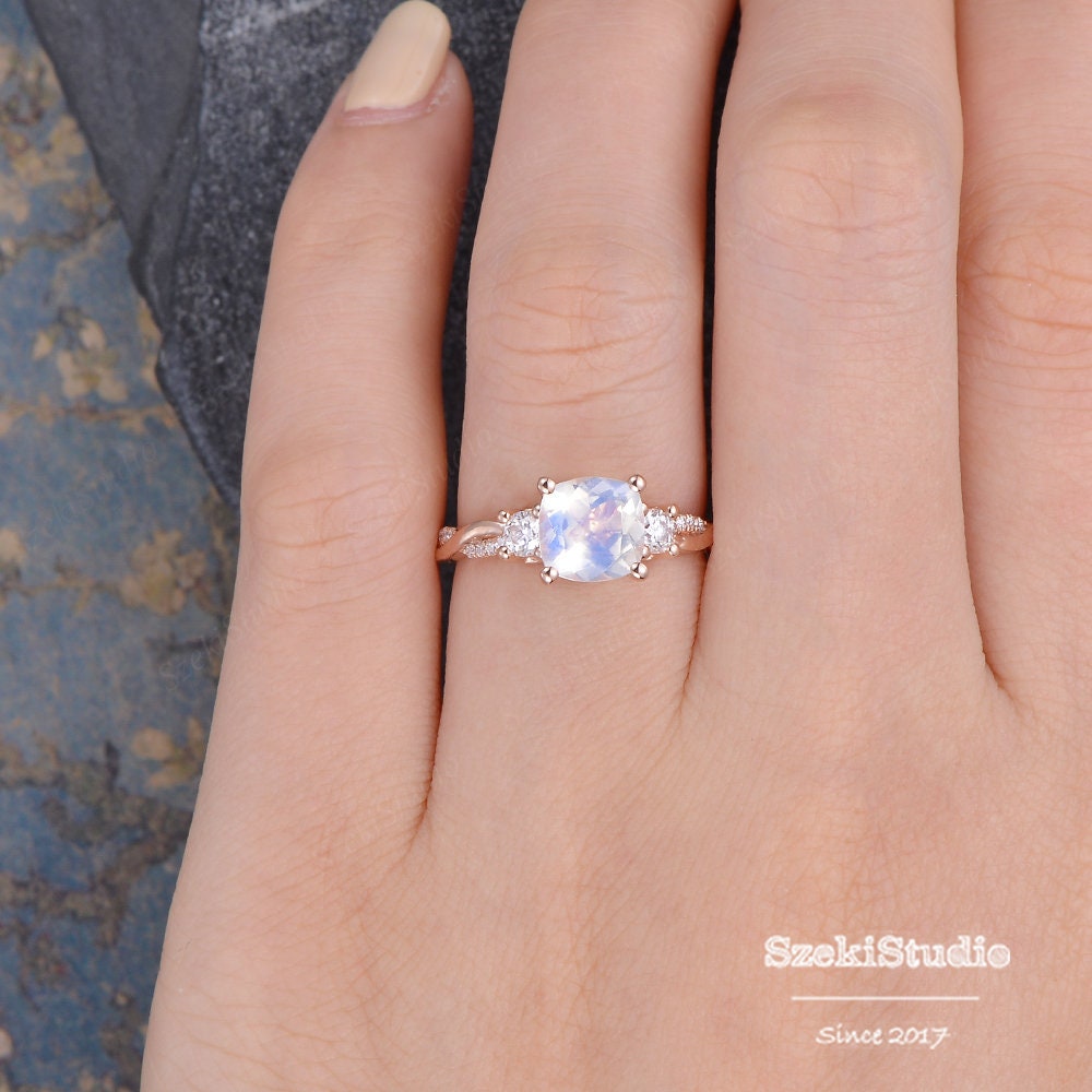 Cushion Cut Moonstone Engagement Ring Rose Gold Infinity Moonstone