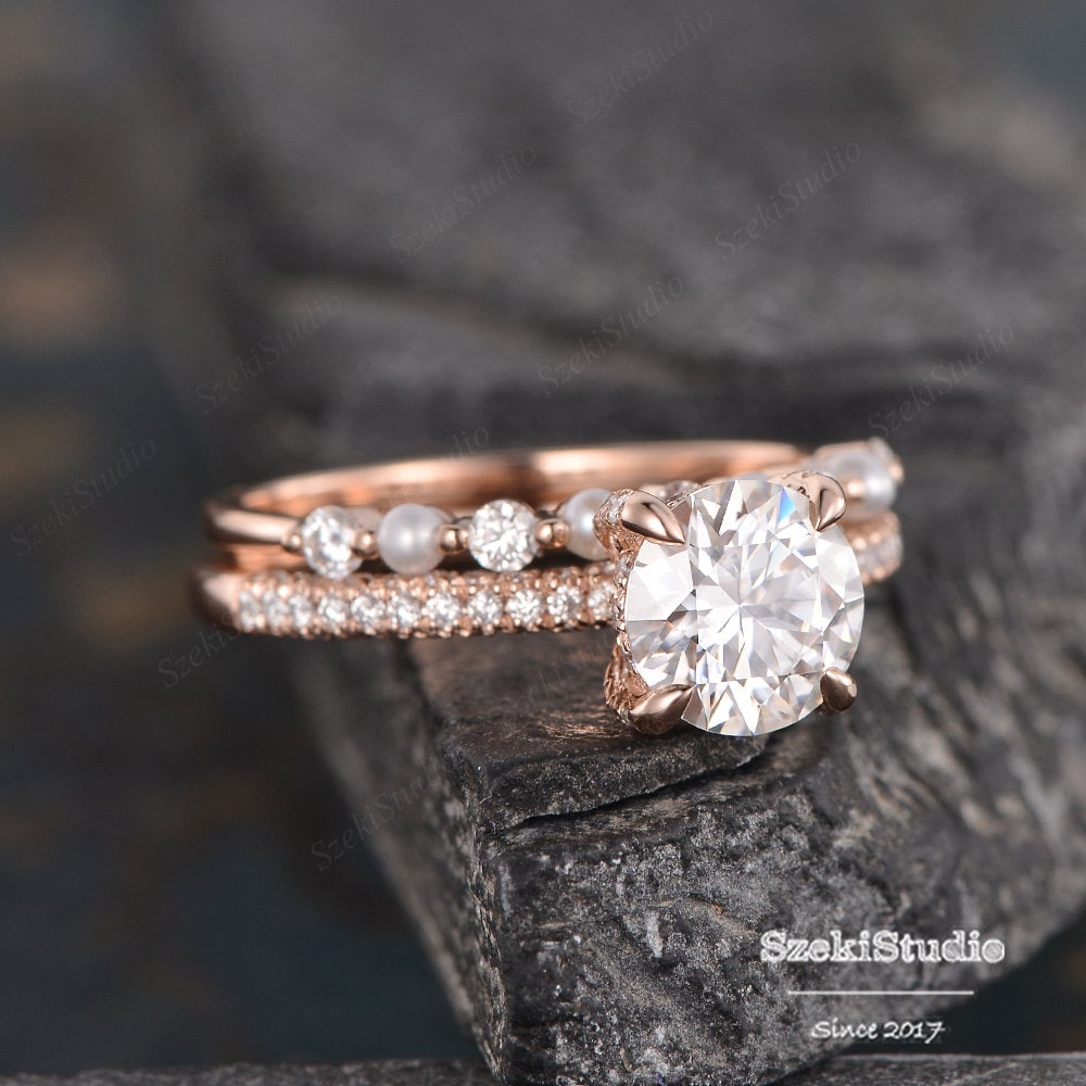 Pearl Moissanite Engagement Ring Set Rose Gold Wedding Ring | Etsy