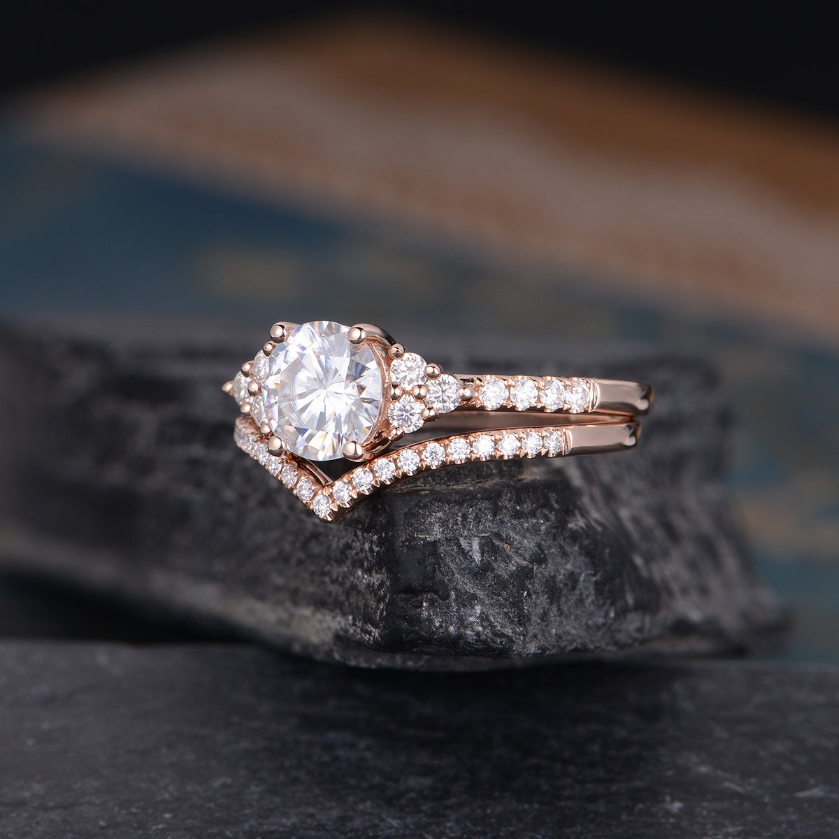 Curved Shaped Moissanite Engagement Ring Rose Gold Bridal Set | Etsy