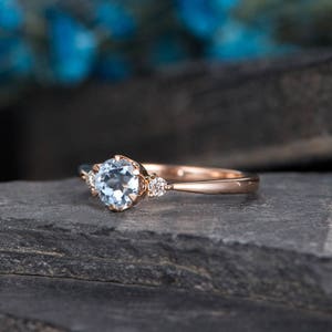 Aquamarine Engagement Ring Rose Gold 3 Stone Ring Diamond Thin Minimalist Birthstone March Promise Ring Anniversary Bridal Half Eternity image 3