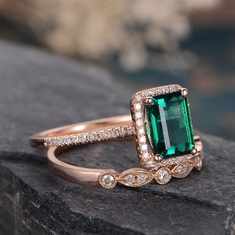 Lab Emerald Engagement Ring Set Rose Gold Bridal Set Halo Etsy
