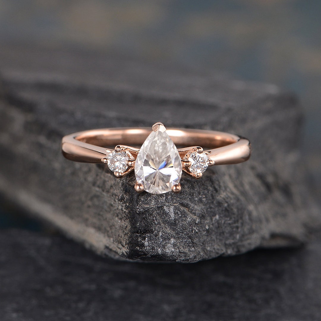 Three Stone Moissanite Engagement Ring Pear Shaped Rose Gold 3 - Etsy