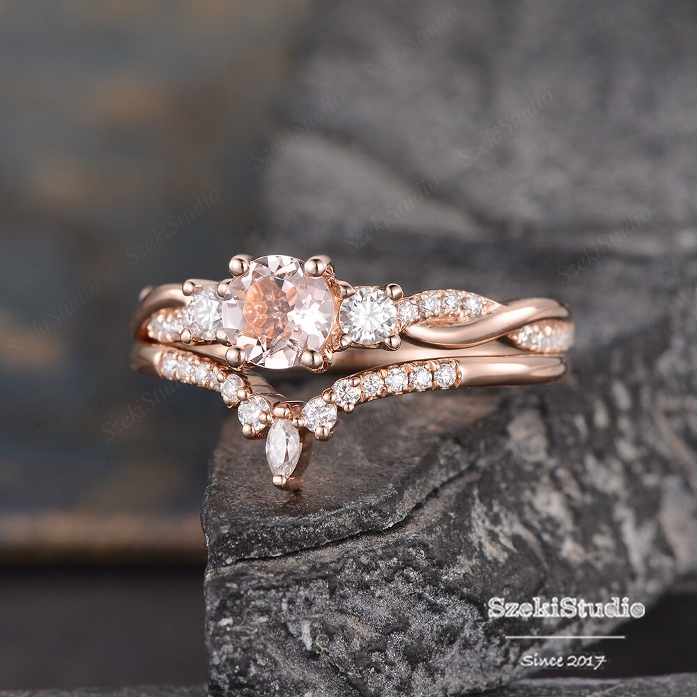 next day delivery Morganite Three Stone Engagement Ring Rose Gold