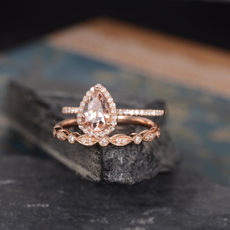 Morganite Engagement Ring Rose Gold Bridal Set Pear Shaped - Etsy