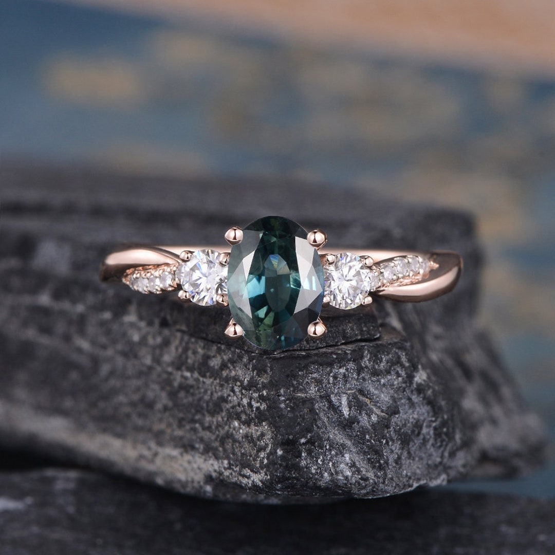 5x7mm Oval Cut Green Sapphire Engagement Ring Rose Gold Three Stone ...