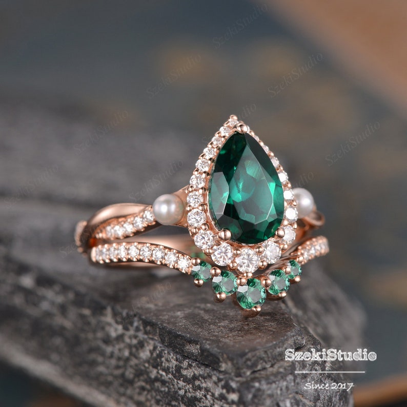 Emerald Engagement Ring Set Rose Gold Pear Shaped Lab Emerald | Etsy