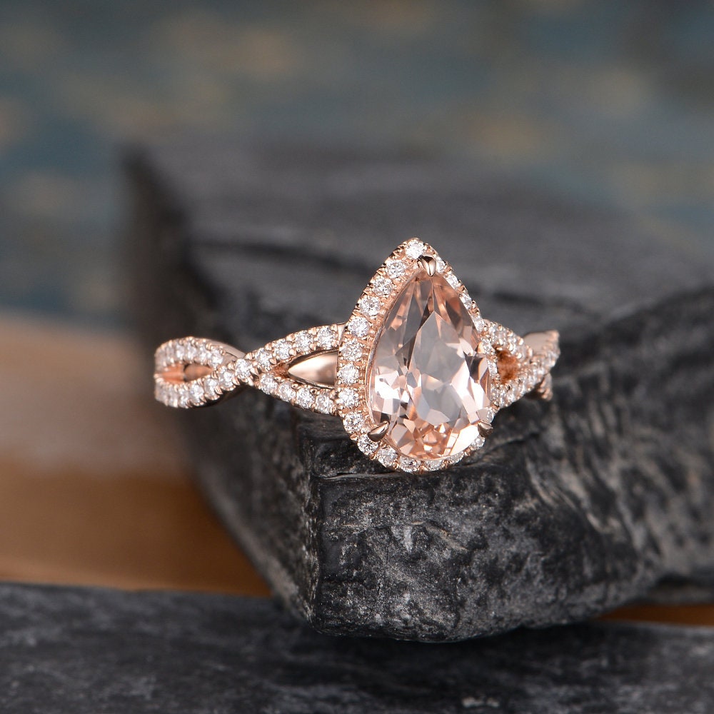 Pear Shaped Morganite Engagement Ring Rose Gold Natural Diamond Halo ...