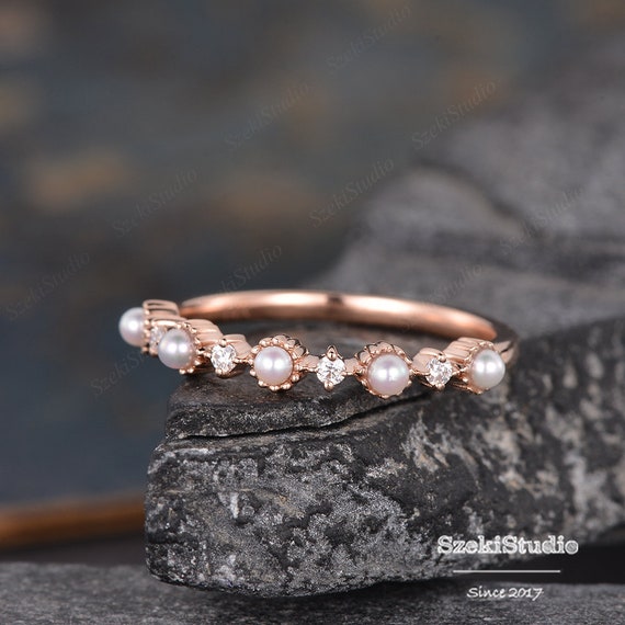 Dainty Pearl Diamond Wedding Band Women Rose Gold Pearl Matching