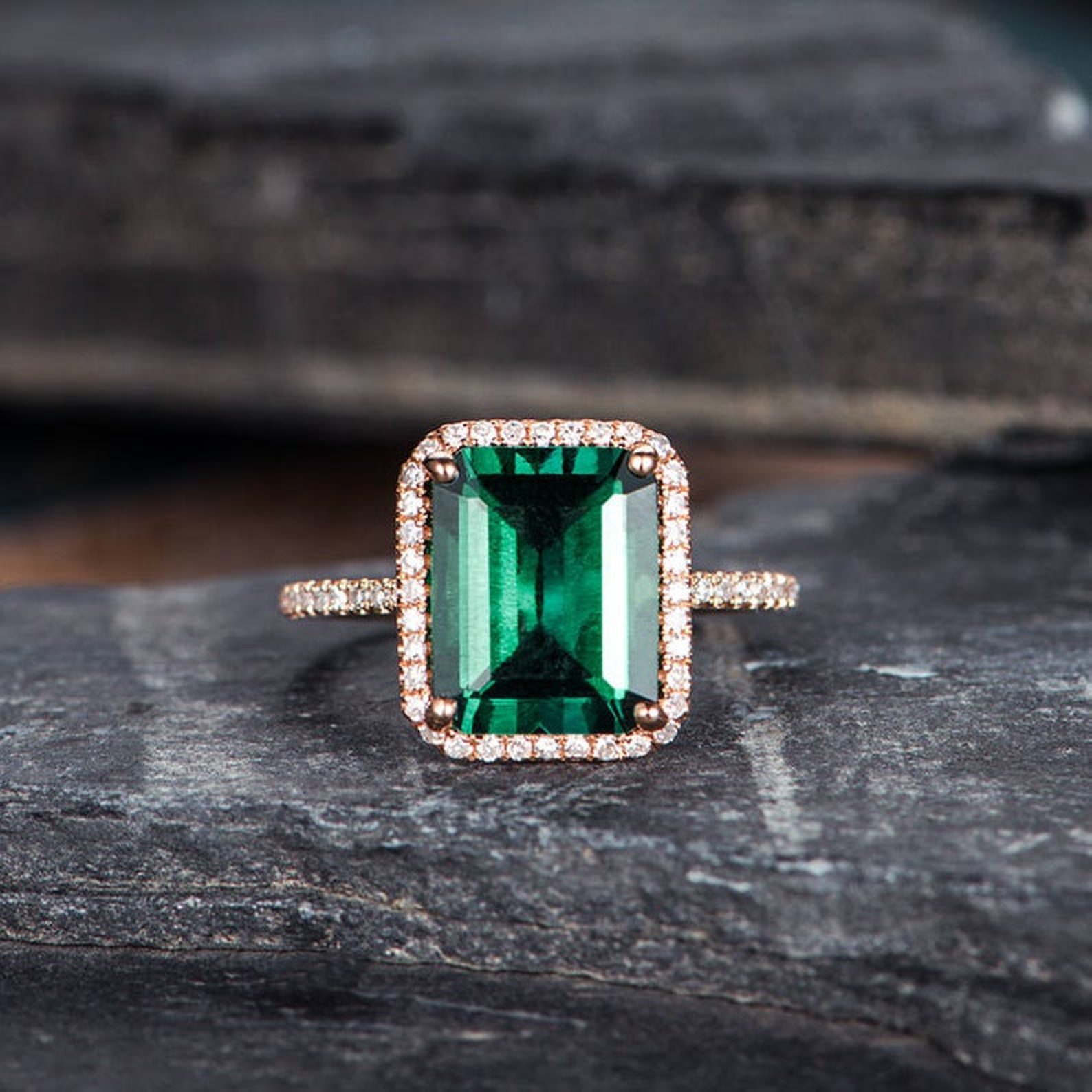 Lab Emerald Engagement Ring White Gold Emerald Cut Halo | Etsy