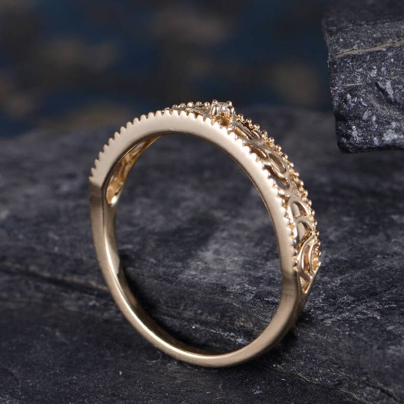 Art Deco Rose Gold Wedding Band Women Unique Ring Diamond Half | Etsy
