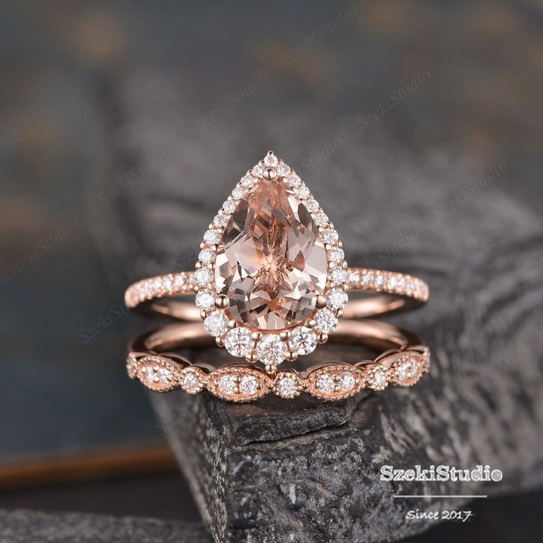 3.5ct Pear Cut Morganite Engagement Ring Set Pear Shaped Wedding Ring ...