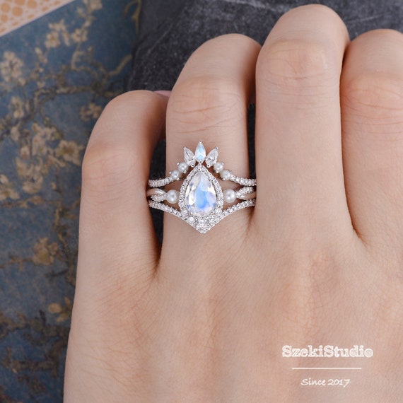 Buy Pearl Moonstone Engagement Ring Set White Gold Women Pear Shaped  Moonstone Bridal Set Halo Infinity Diamond Wedding Ring Jewelry 3 Ring Set  Online in India - Etsy