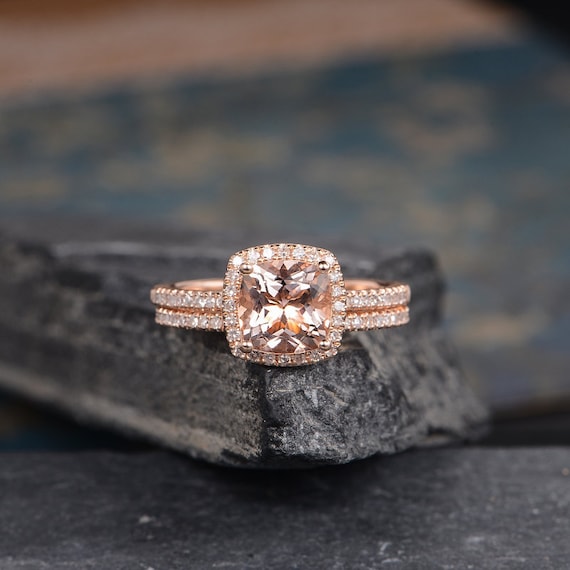 Morganite Engagement Ring Bridal Set Rose Gold Cushion Cut Etsy