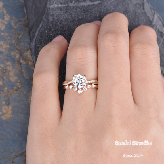 Infinity Moissanite Engagement Ring Set Rose Gold Twist Solitaire