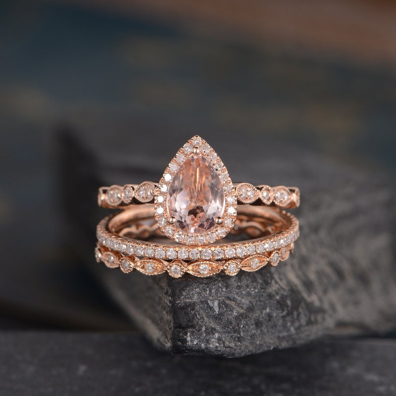Art Deco Morganite Bridal Set Engagement Ring Rose Gold Pear - Etsy