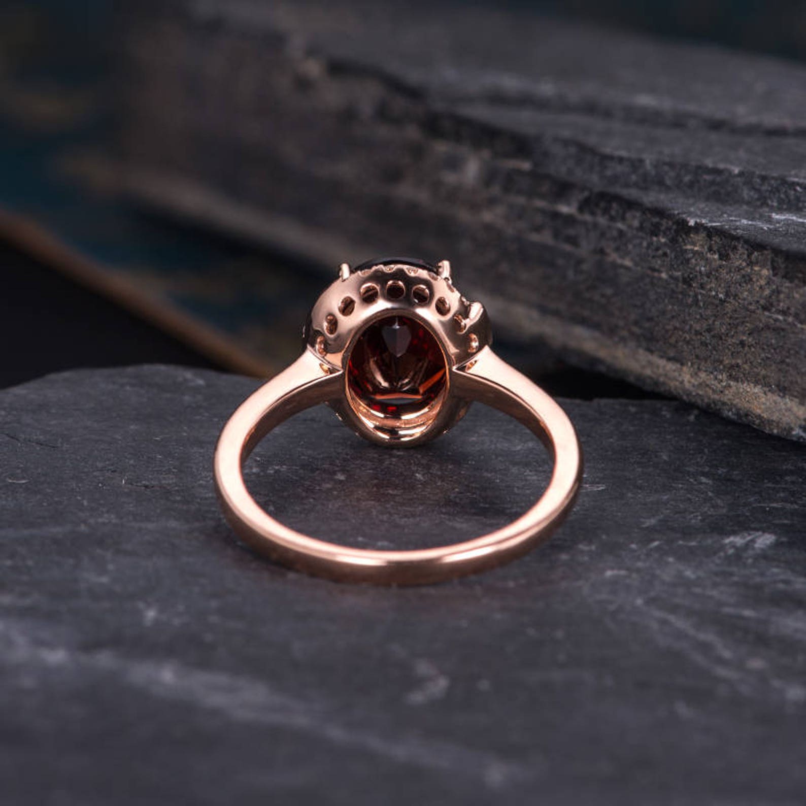 Garnet Engagement Ring Rose Gold Diamond Halo Oval Cut Half - Etsy