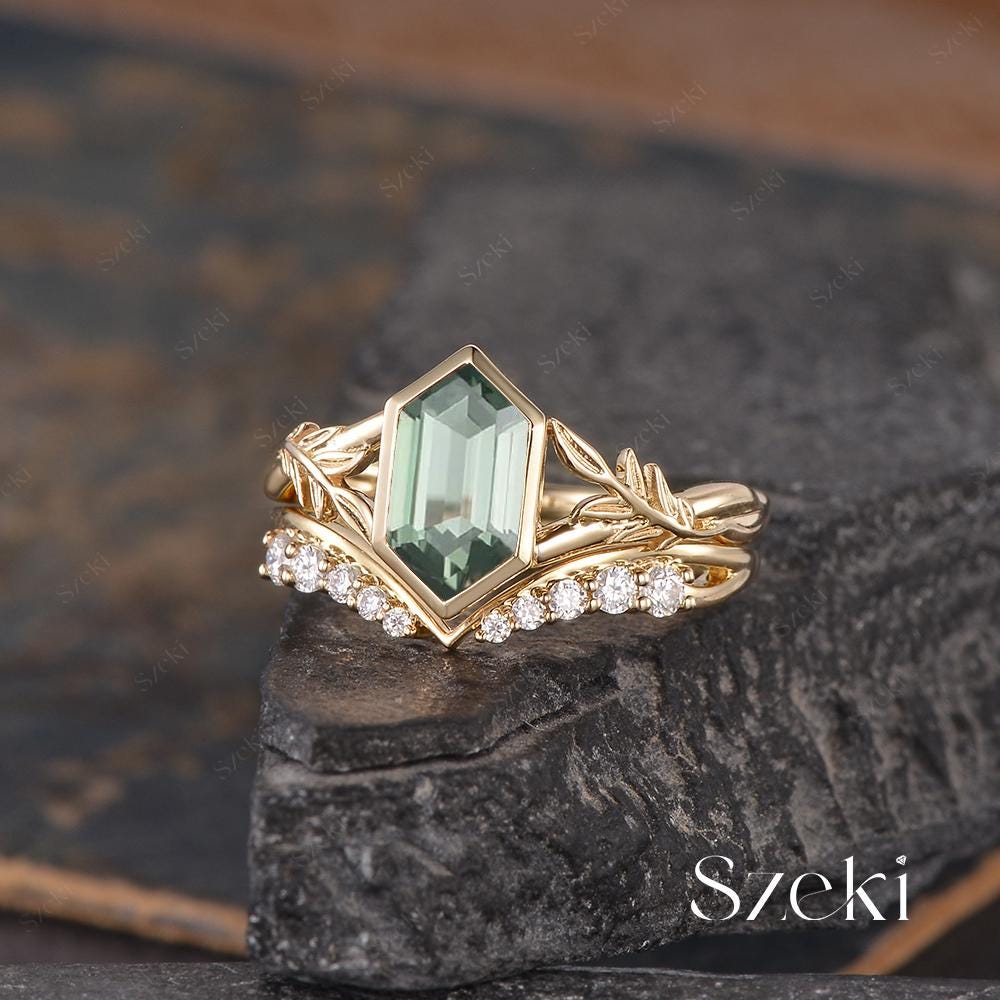 Vintage Hexagon Cut Green Sapphire Engagement Ring Set Yellow Gold