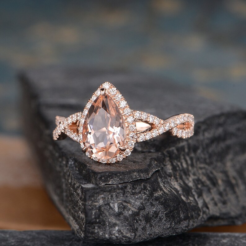 Pear Shaped Morganite Engagement Ring Rose Gold Natural Diamond Halo ...