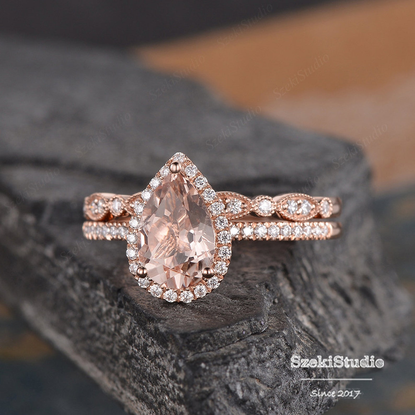 Art Deco Pear Shaped Engagement Ring Set Morganite Bridal Set | Etsy