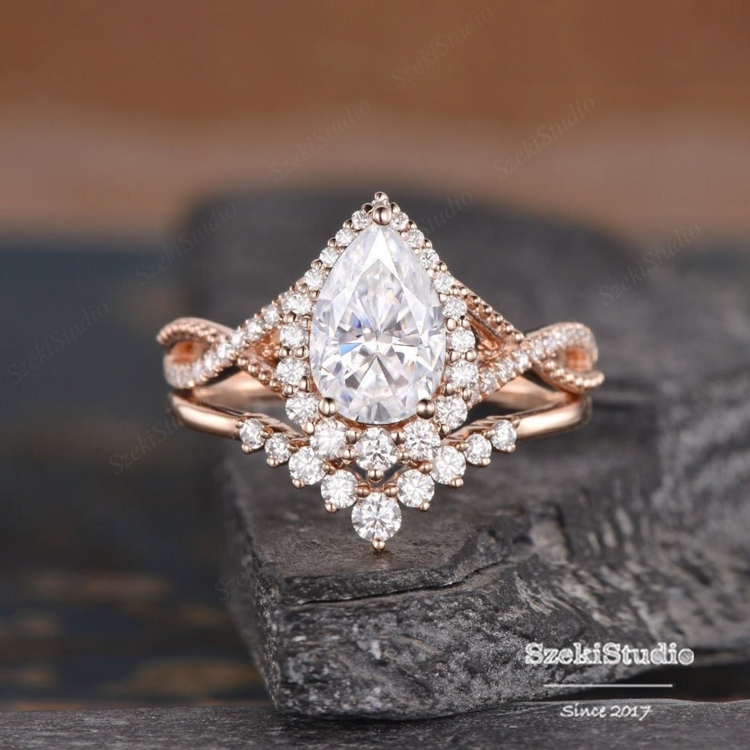 Moissanite Pear Chevron Twist Solitaire Engagement Ring 2 Ct 14K Rose Gold  Over