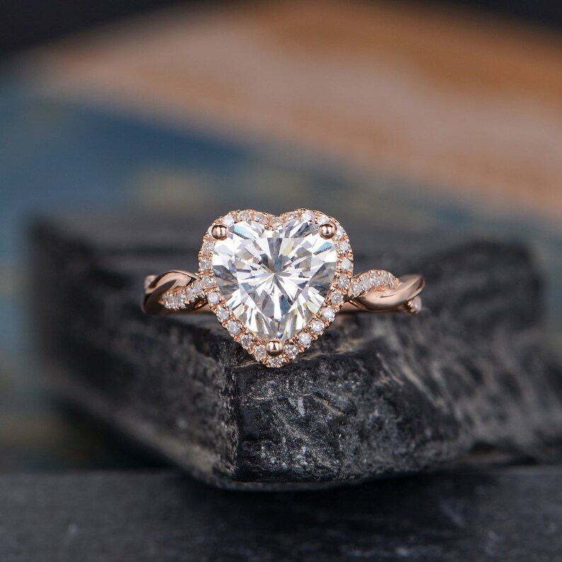 Heart Shaped Moissanite Engagement Ring Rose Gold Halo Diamond Etsy