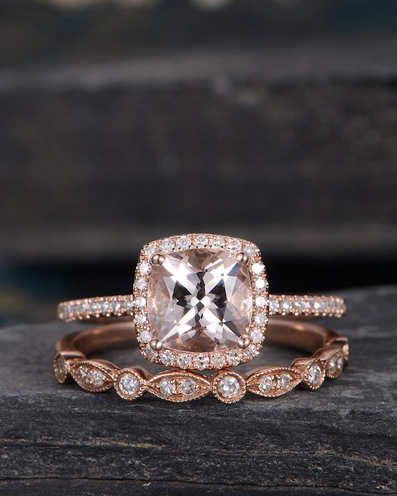 Rose Gold Engagement Ring Cushion Cut Morganite Ring Bridal Etsy