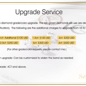 May include: An informational graphic titled "Upgrade Service" with text detailing diamond grade and color upgrades, band width customization, and carat upgrades. Includes pricing for various diamond sizes, with a logo at the bottom.