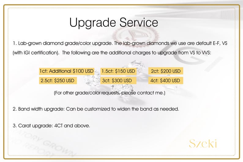 May include: An informational graphic titled "Upgrade Service" with text detailing diamond grade and color upgrades, band width customization, and carat upgrades. Includes pricing for various diamond sizes, with a logo at the bottom.