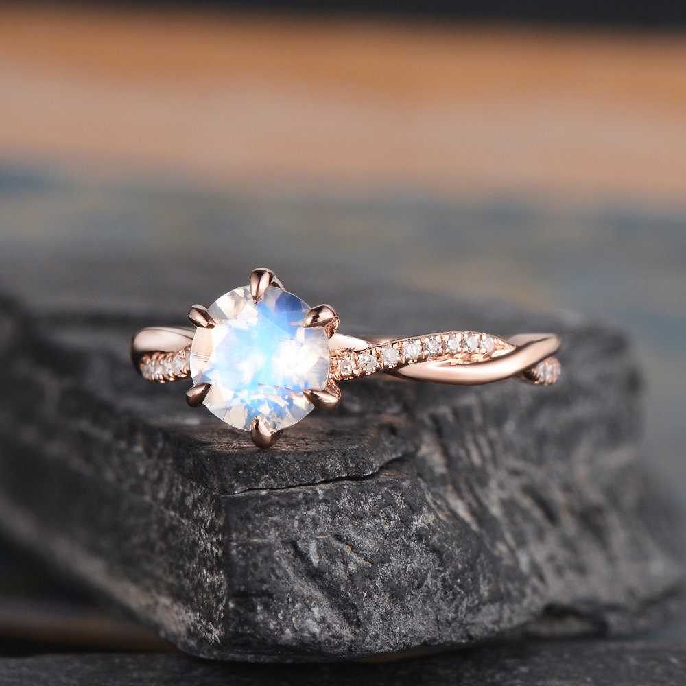 7mm Infinity Moonstone Engagement Ring Rose Gold Prongs Ring
