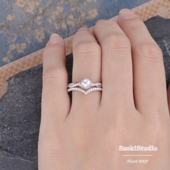 Curved Shaped Pearl Engagement Ring Rose Gold Infinity Diamond Band  Solitaire June Birthstone Matching Band Rings Set Women Bridal Set