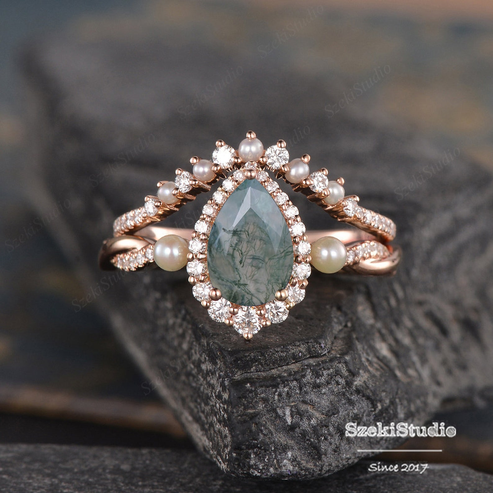 Pear Shaped Moss Agate Engagement Ring Set Rose Gold Women - Etsy