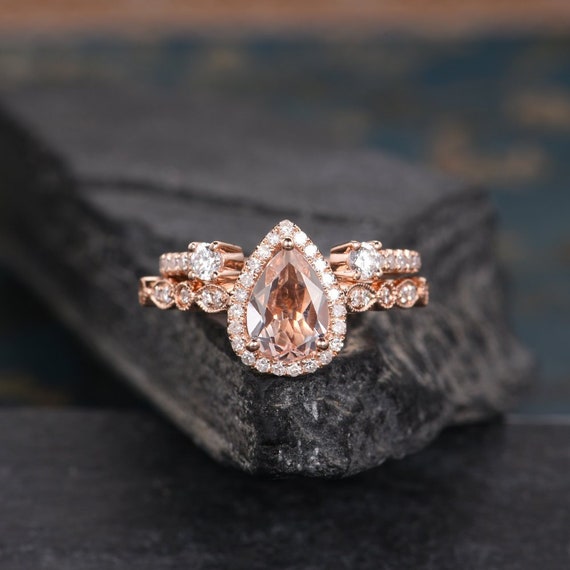 Pear Shaped Engagement Ring Morganite Rose Gold Bridal Wedding | Etsy
