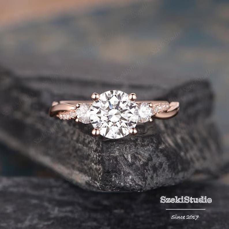 Three Stone Moissanite Bridal Ring 1.2ct Moissanite Engagement Ring Infinity Rose Gold Moissanite Ring Twist Diamond Ring Half Eternity Ring