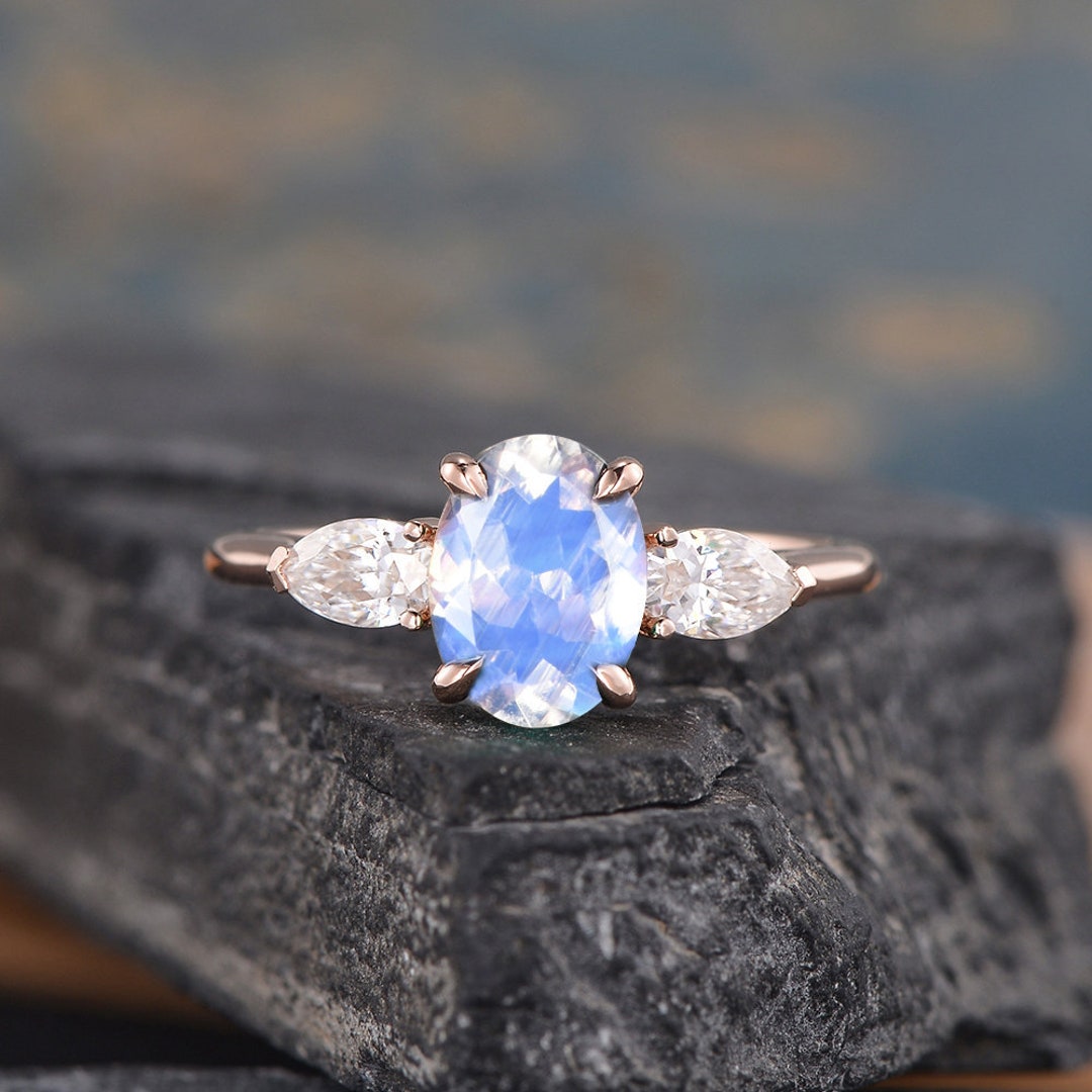 Oval Cut Moonstone Engagement Ring Rose Gold Pear Shaped Three - Etsy