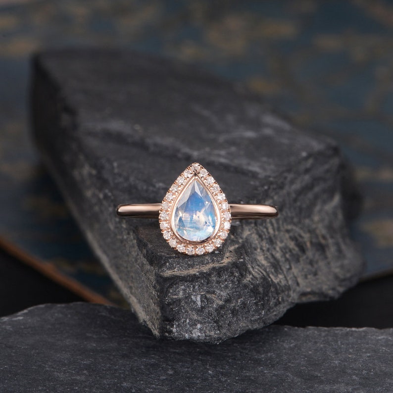 Moonstone Engagement Ring Rose Gold Pear Shaped Ring Bridal Diamond Halo Women Antique Ring Anniversary Gift Bezel Set Eternity Tear image 1