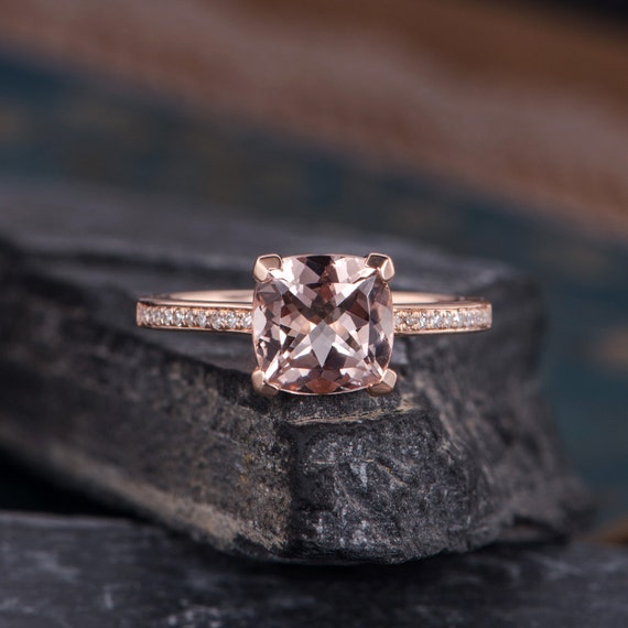 Morganite Engagement Ring Rose Gold Cushion Cut Bridal Set Etsy