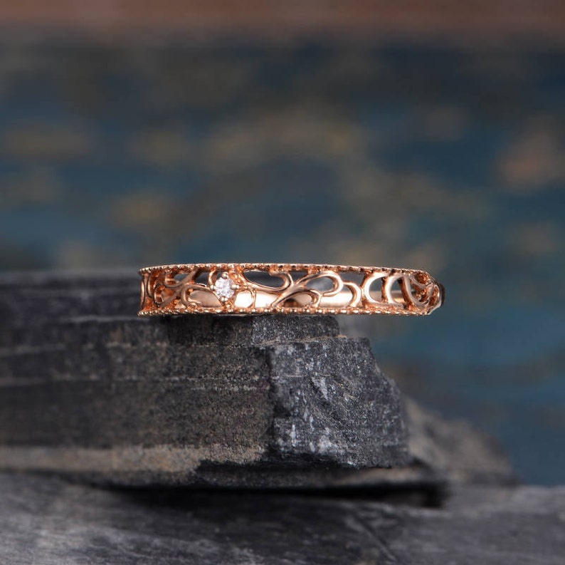 Art Deco Rose Gold Wedding Band Women Unique Ring Diamond Half Etsy