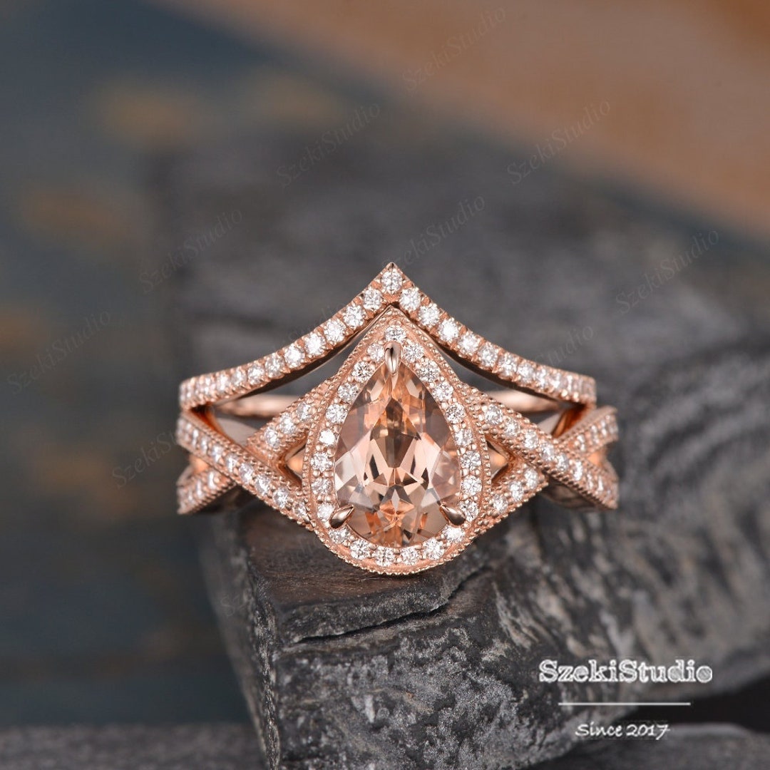Rose Gold Morganite Bridal Set Engagement Ring Pear Shaped Halo Ring ...