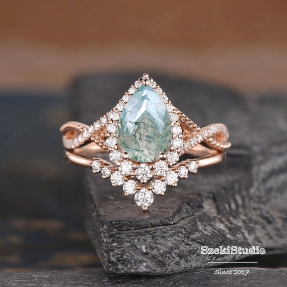 Pear Shaped Engagement Ring Rose Gold Moissanite Ring Set Split Shank Ring Vintage Cluster Halo Art Deco Diamond Ring Twisted Beaded Women Etsy