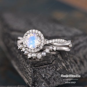 Pearl Moonstone Engagement Ring Curved Bridal Set Rose Gold - Etsy